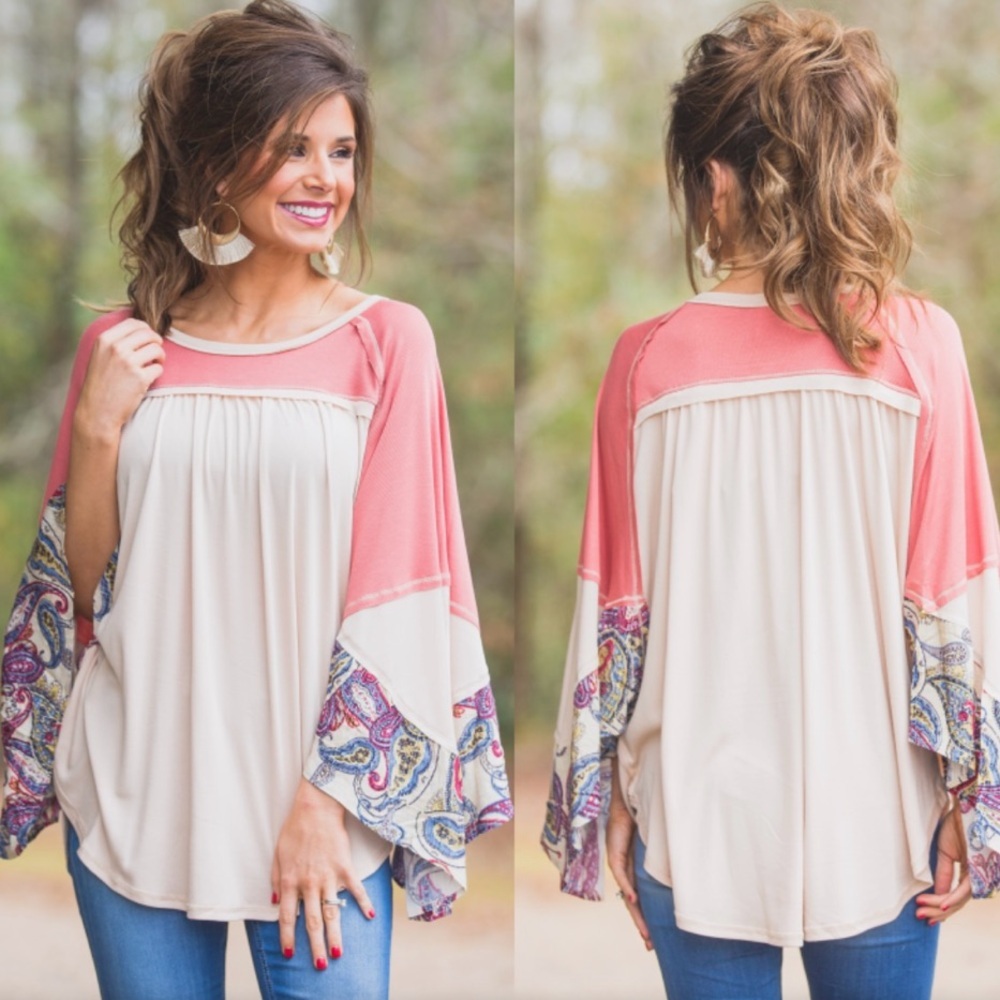 Women's Pink and Cream Paisley Sleeve Top